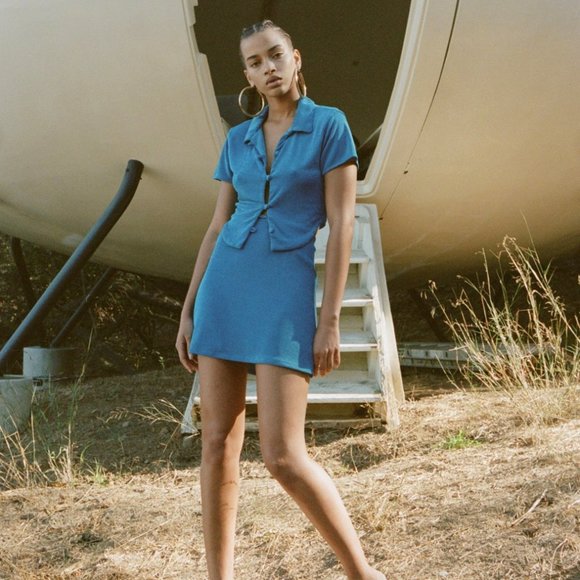 nwot with jean tess crop top miles mini skirt electra blue set